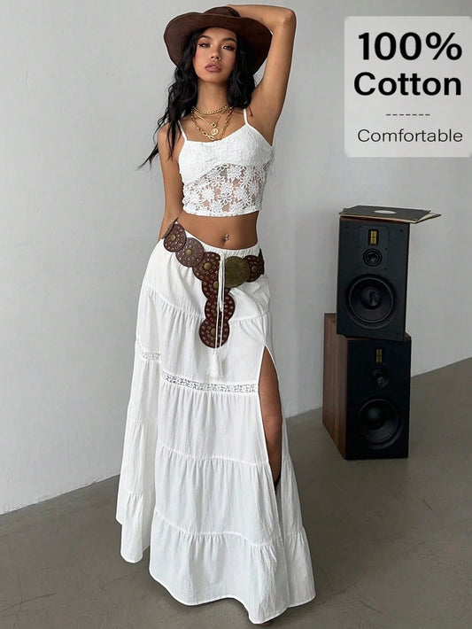 Siren Gaze Boho White Summer Beach Skirt For Women,High-Slit Tiered Maxi Skirt With Elastic Waist & Lace Trim,Picnic Vacation Holiday Resort Essentials