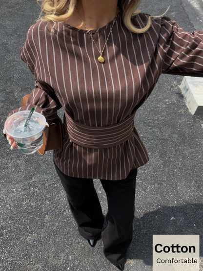 Siren Gaze Brown Striped Waist Shirt For Women, Autumn/Winter Blouse Long Sleeve Top Chocolate Coffee Top,Fall,Fall Clothes Casual Spring Elegant