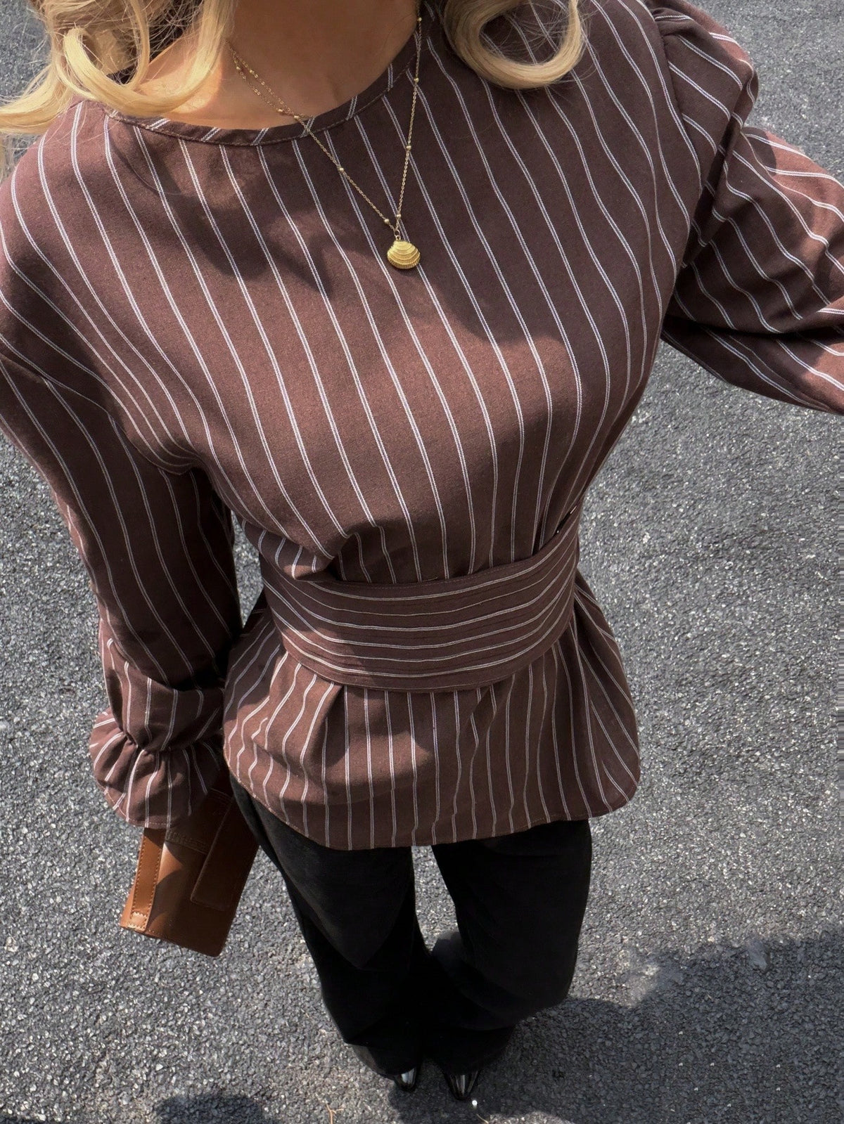Siren Gaze Brown Striped Waist Shirt For Women, Autumn/Winter Blouse Long Sleeve Top Chocolate Coffee Top,Fall,Fall Clothes Casual Spring Elegant