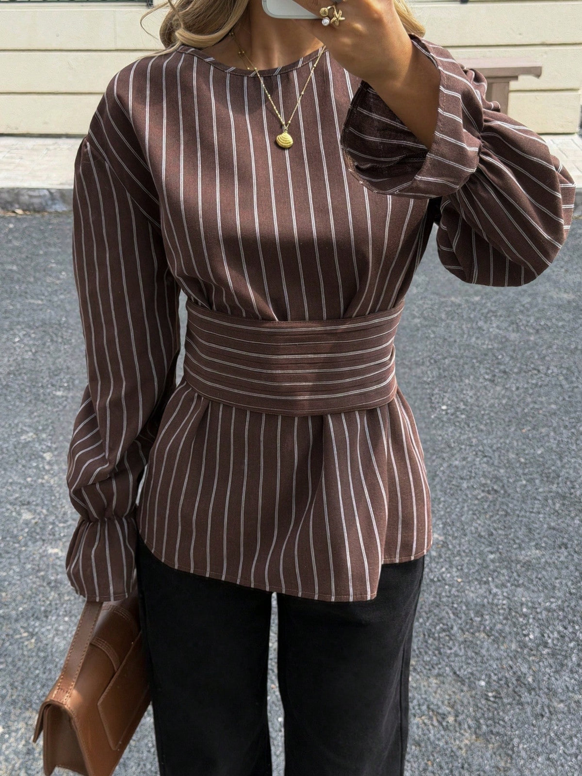 Siren Gaze Brown Striped Waist Shirt For Women, Autumn/Winter Blouse Long Sleeve Top Chocolate Coffee Top,Fall,Fall Clothes Casual Spring Elegant