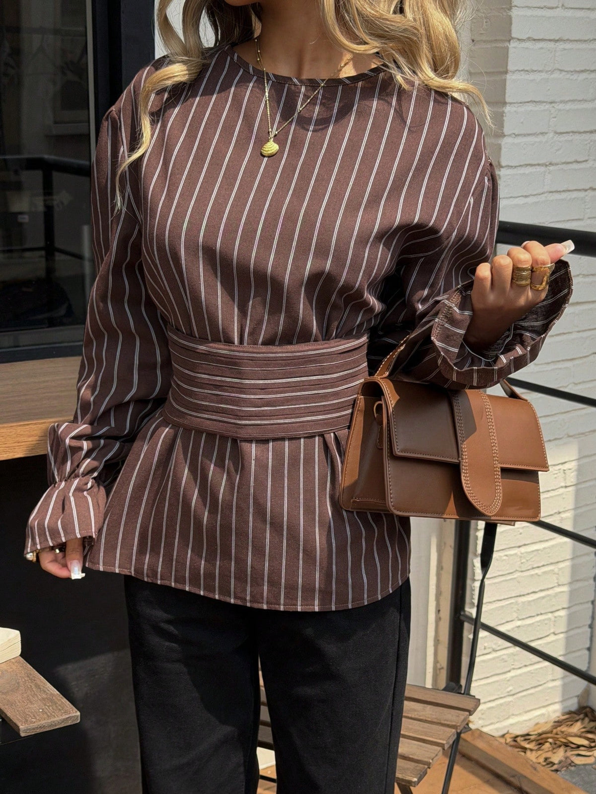 Siren Gaze Brown Striped Waist Shirt For Women, Autumn/Winter Blouse Long Sleeve Top Chocolate Coffee Top,Fall,Fall Clothes Casual Spring Elegant