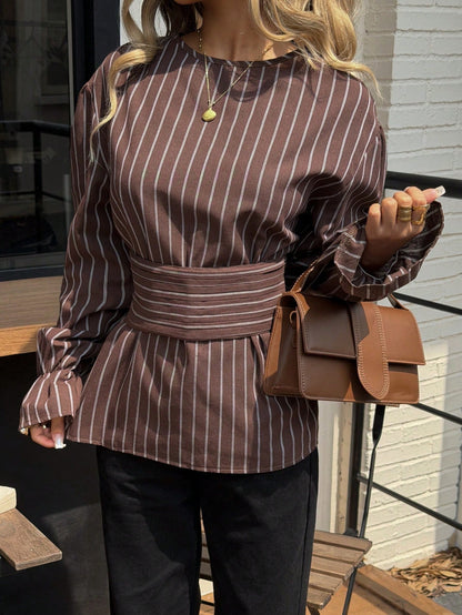 Siren Gaze Brown Striped Waist Shirt For Women, Autumn/Winter Blouse Long Sleeve Top Chocolate Coffee Top,Fall,Fall Clothes Casual Spring Elegant