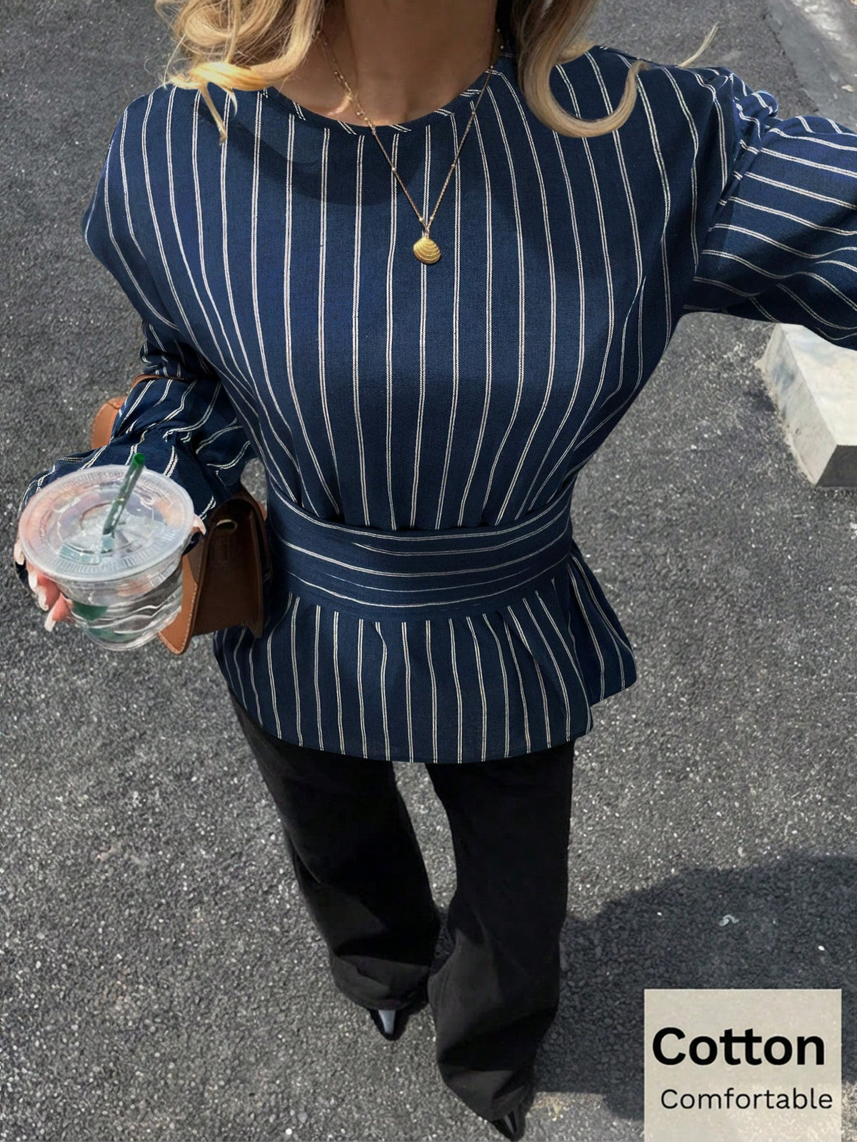 Siren Gaze Brown Striped Waist Shirt For Women, Autumn/Winter Blouse Long Sleeve Top Chocolate Coffee Top,Fall,Fall Clothes Casual Spring Elegant