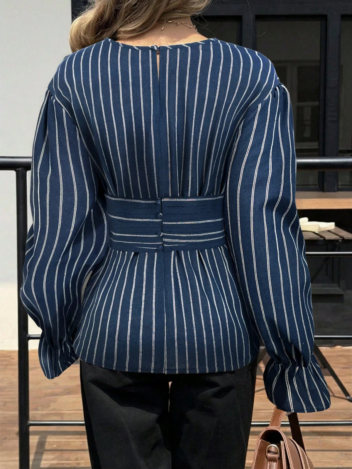 Siren Gaze Brown Striped Waist Shirt For Women, Autumn/Winter Blouse Long Sleeve Top Chocolate Coffee Top,Fall,Fall Clothes Casual Spring Elegant