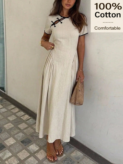Siren Gaze Summer 100 Cotton Women Contrast Trim Pleated Casual French Vacation Holiday Y2k Linen-Like Elegant A-Line Dress Chinese Button Cheongsam