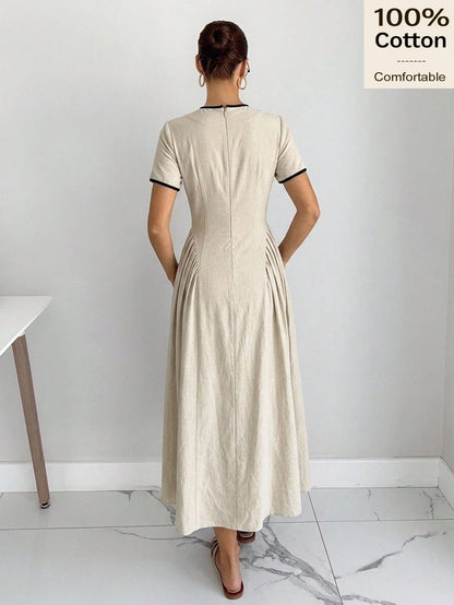 Siren Gaze Summer 100 Cotton Women Contrast Trim Pleated Casual French Vacation Holiday Y2k Linen-Like Elegant A-Line Dress Chinese Button Cheongsam
