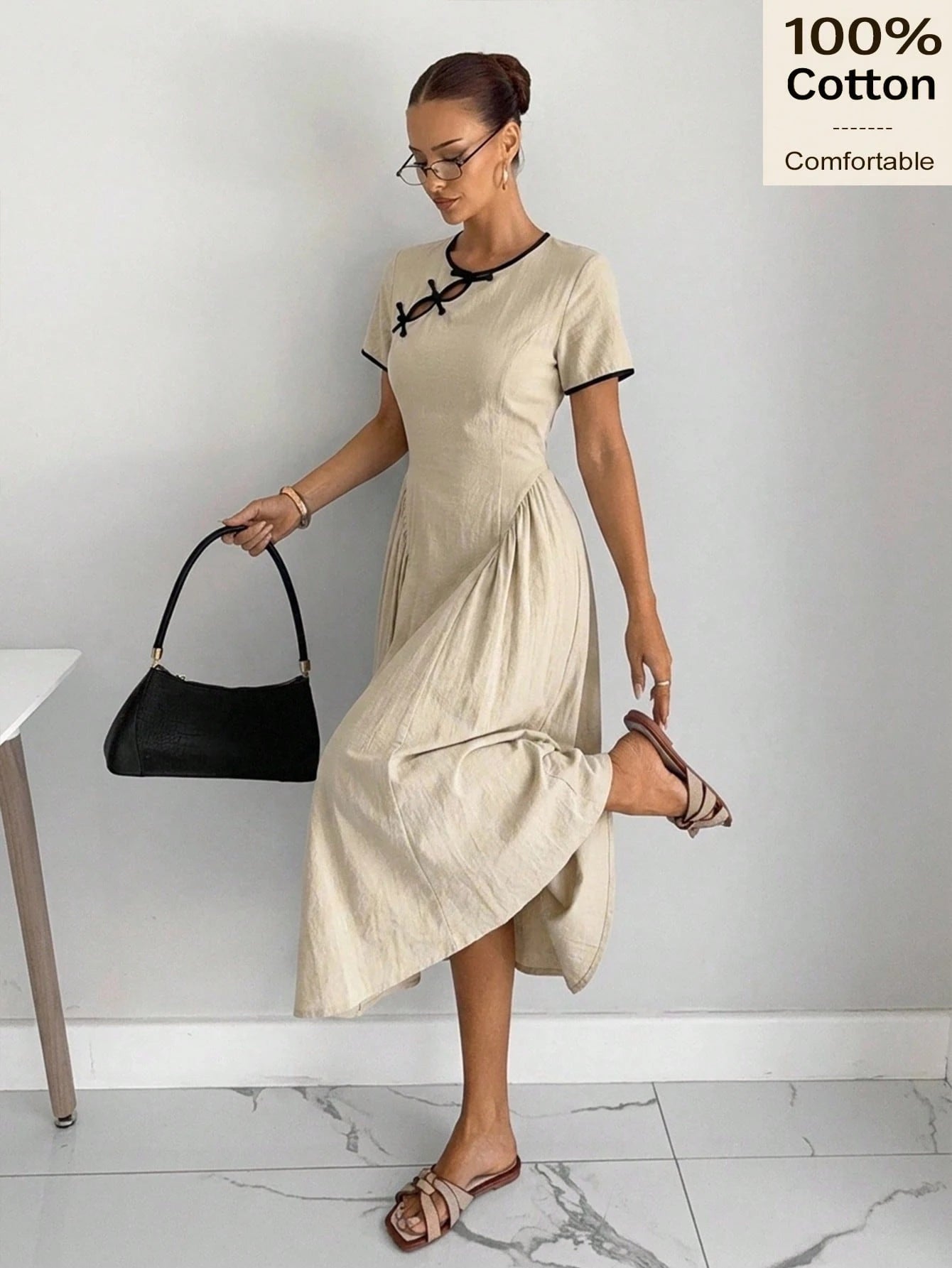 Siren Gaze Summer 100 Cotton Women Contrast Trim Pleated Casual French Vacation Holiday Y2k Linen-Like Elegant A-Line Dress Chinese Button Cheongsam