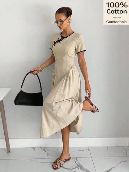 Siren Gaze Summer 100 Cotton Women Contrast Trim Pleated Casual French Vacation Holiday Y2k Linen-Like Elegant A-Line Dress Chinese Button Cheongsam