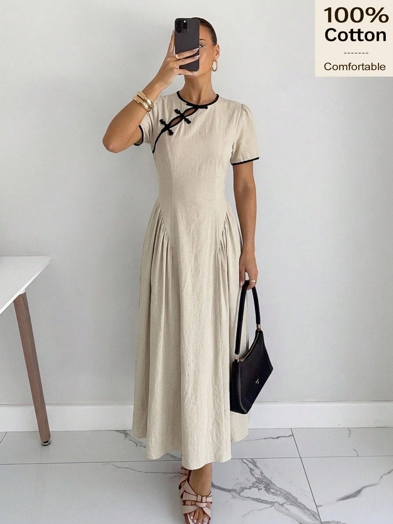 Siren Gaze Summer 100 Cotton Women Contrast Trim Pleated Casual French Vacation Holiday Y2k Linen-Like Elegant A-Line Dress Chinese Button Cheongsam