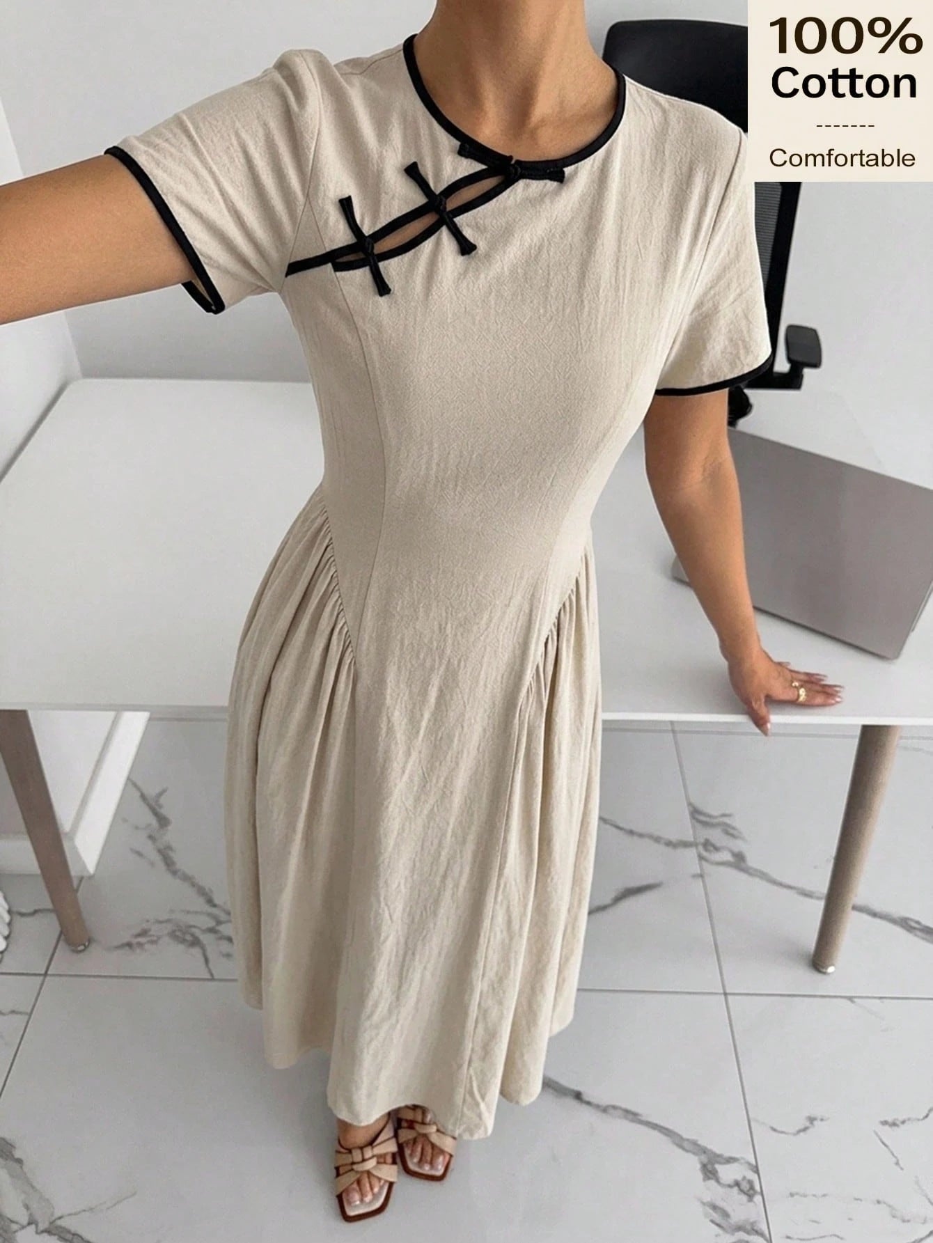 Siren Gaze Summer 100 Cotton Women Contrast Trim Pleated Casual French Vacation Holiday Y2k Linen-Like Elegant A-Line Dress Chinese Button Cheongsam