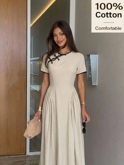Siren Gaze Summer 100 Cotton Women Contrast Trim Pleated Casual French Vacation Holiday Y2k Linen-Like Elegant A-Line Dress Chinese Button Cheongsam