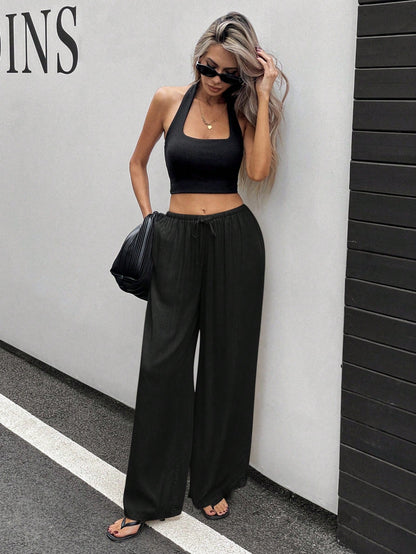 Siren Gaze Women Linen Low-Waist Straight Leg Casual Pants, Summer Holiday Style Business Casual Woman,Linen Pants Black