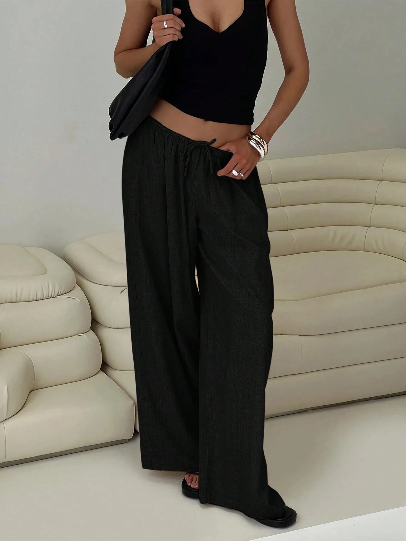 Siren Gaze Women Linen Low-Waist Straight Leg Casual Pants, Summer Holiday Style Business Casual Woman,Linen Pants Black