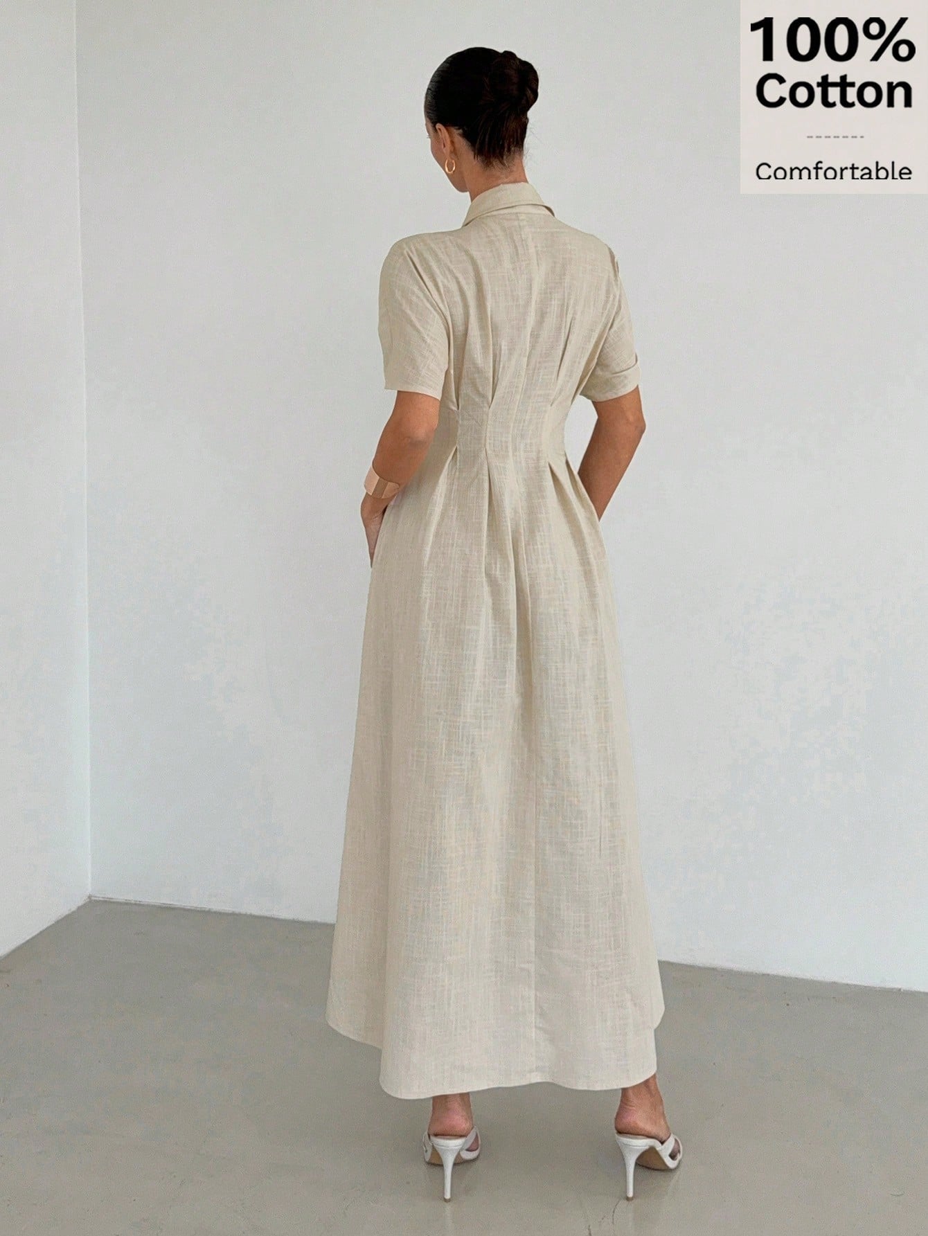 Siren Gaze Women's 100% Cotton V Neck Metal Buckle Waist Split Maxi Dress,Elegant Summer Vacation Holiday Beige French Style Pleated A-Line Short Sleeve Dress