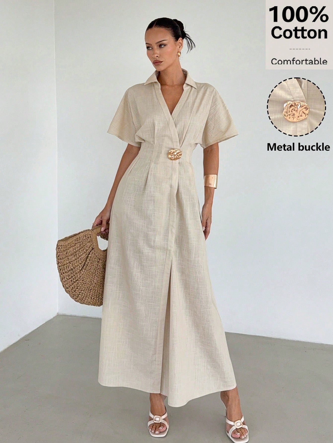 Siren Gaze Women's 100% Cotton V Neck Metal Buckle Waist Split Maxi Dress,Elegant Summer Vacation Holiday Beige French Style Pleated A-Line Short Sleeve Dress