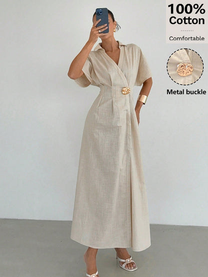 Siren Gaze Women's 100% Cotton V Neck Metal Buckle Waist Split Maxi Dress,Elegant Summer Vacation Holiday Beige French Style Pleated A-Line Short Sleeve Dress