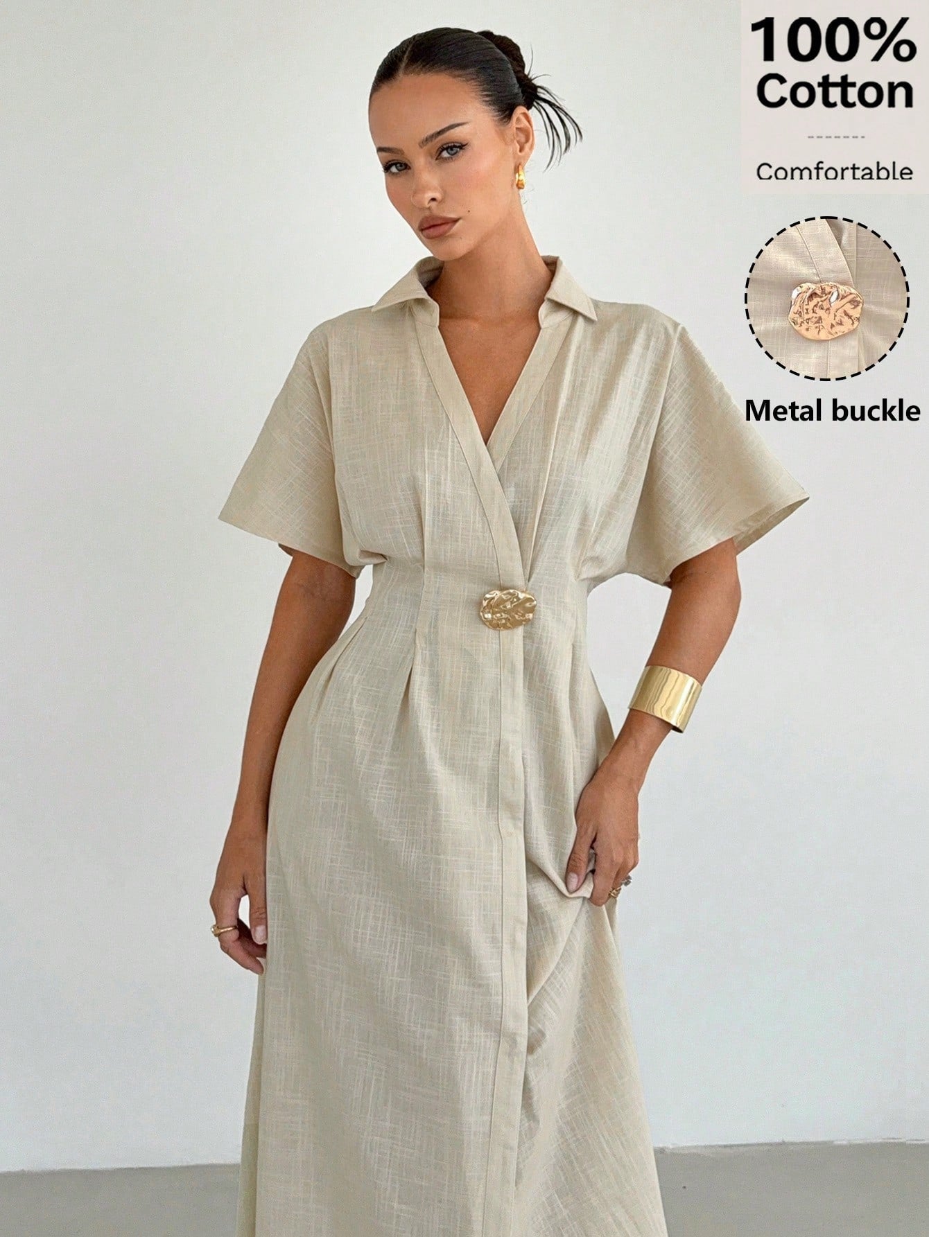 Siren Gaze Women's 100% Cotton V Neck Metal Buckle Waist Split Maxi Dress,Elegant Summer Vacation Holiday Beige French Style Pleated A-Line Short Sleeve Dress