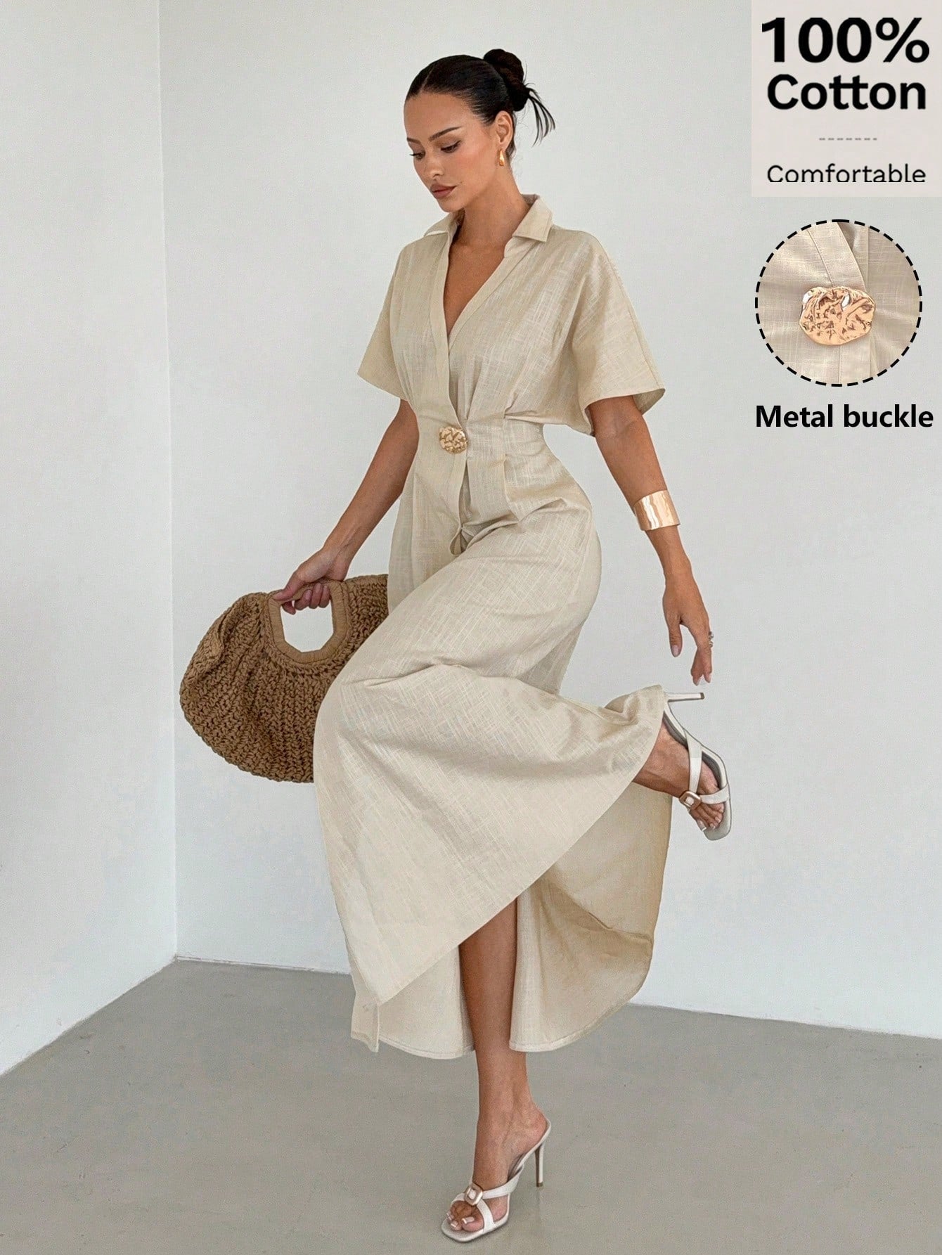 Siren Gaze Women's 100% Cotton V Neck Metal Buckle Waist Split Maxi Dress,Elegant Summer Vacation Holiday Beige French Style Pleated A-Line Short Sleeve Dress