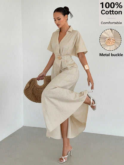 Siren Gaze Women's 100% Cotton V Neck Metal Buckle Waist Split Maxi Dress,Elegant Summer Vacation Holiday Beige French Style Pleated A-Line Short Sleeve Dress