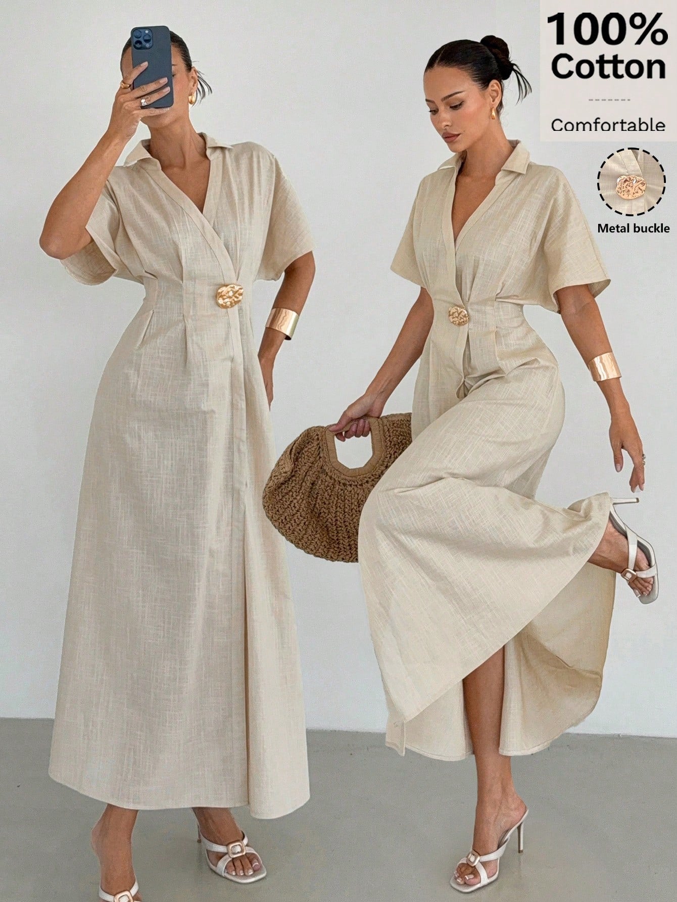 Siren Gaze Women's 100% Cotton V Neck Metal Buckle Waist Split Maxi Dress,Elegant Summer Vacation Holiday Beige French Style Pleated A-Line Short Sleeve Dress