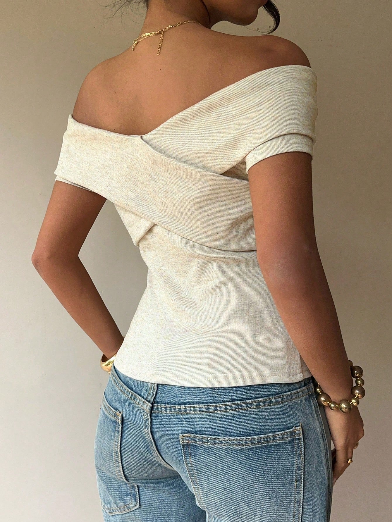 Siren Gaze Women's Beige Summer Casual Brunch Off-Shoulder Short-Sleeved T-Shirt,Minimalist Sophisticated Cross-Body Wrap Design,Slim Fit,Flattering Solid Top