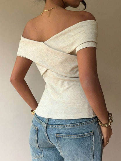 Siren Gaze Women's Beige Summer Casual Brunch Off-Shoulder Short-Sleeved T-Shirt,Minimalist Sophisticated Cross-Body Wrap Design,Slim Fit,Flattering Solid Top