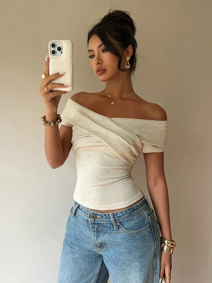 Siren Gaze Women's Beige Summer Casual Brunch Off-Shoulder Short-Sleeved T-Shirt,Minimalist Sophisticated Cross-Body Wrap Design,Slim Fit,Flattering Solid Top