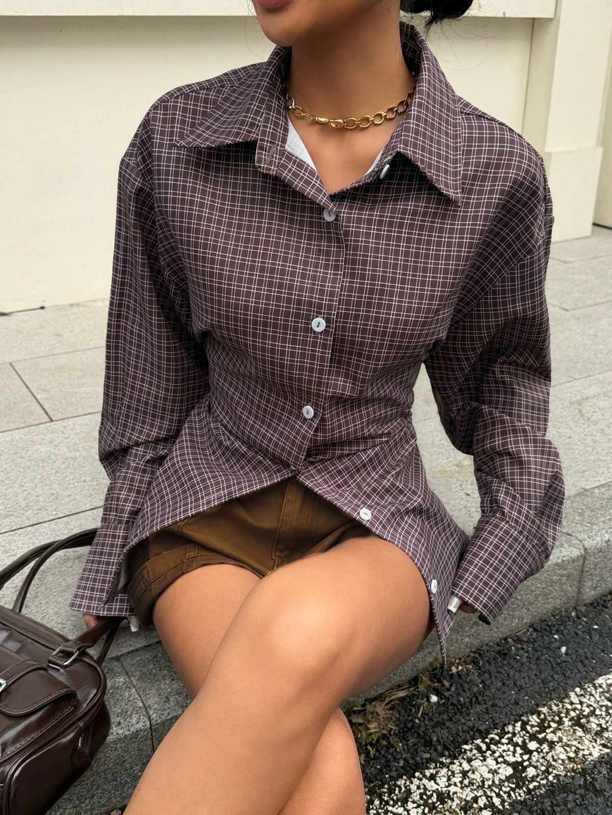 Siren Gaze Women's Brown Plaid Fitted Waist Long-Sleeved Shirt,Fashionable Retro Autumn 2000s School Back-To-School Clothing,Casual Commuting Spring Plaid Top