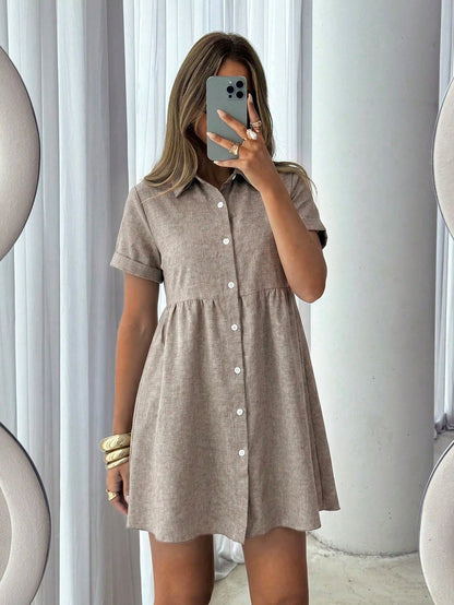 Siren Gaze Women's Casual Modest Linen Blend Short Sleeve Shirt Dress, Elegant Cinched Waist Mini For Summer Vacation, Brunch Cafe, Mocha Brown Single-Breasted