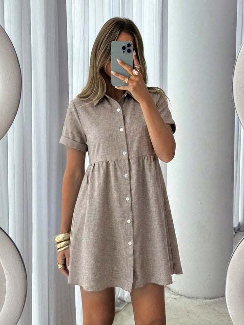 Siren Gaze Women's Casual Modest Linen Blend Short Sleeve Shirt Dress, Elegant Cinched Waist Mini For Summer Vacation, Brunch Cafe, Mocha Brown Single-Breasted