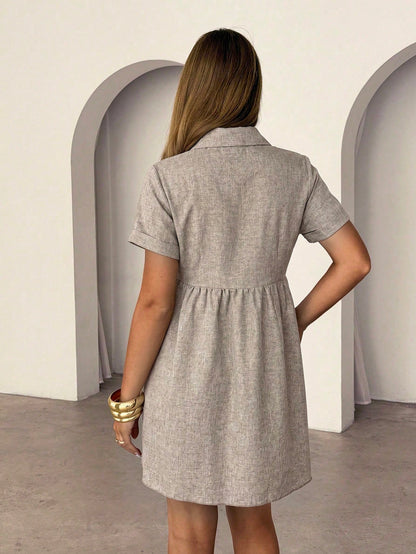 Siren Gaze Women's Casual Modest Linen Blend Short Sleeve Shirt Dress, Elegant Cinched Waist Mini For Summer Vacation, Brunch Cafe, Mocha Brown Single-Breasted