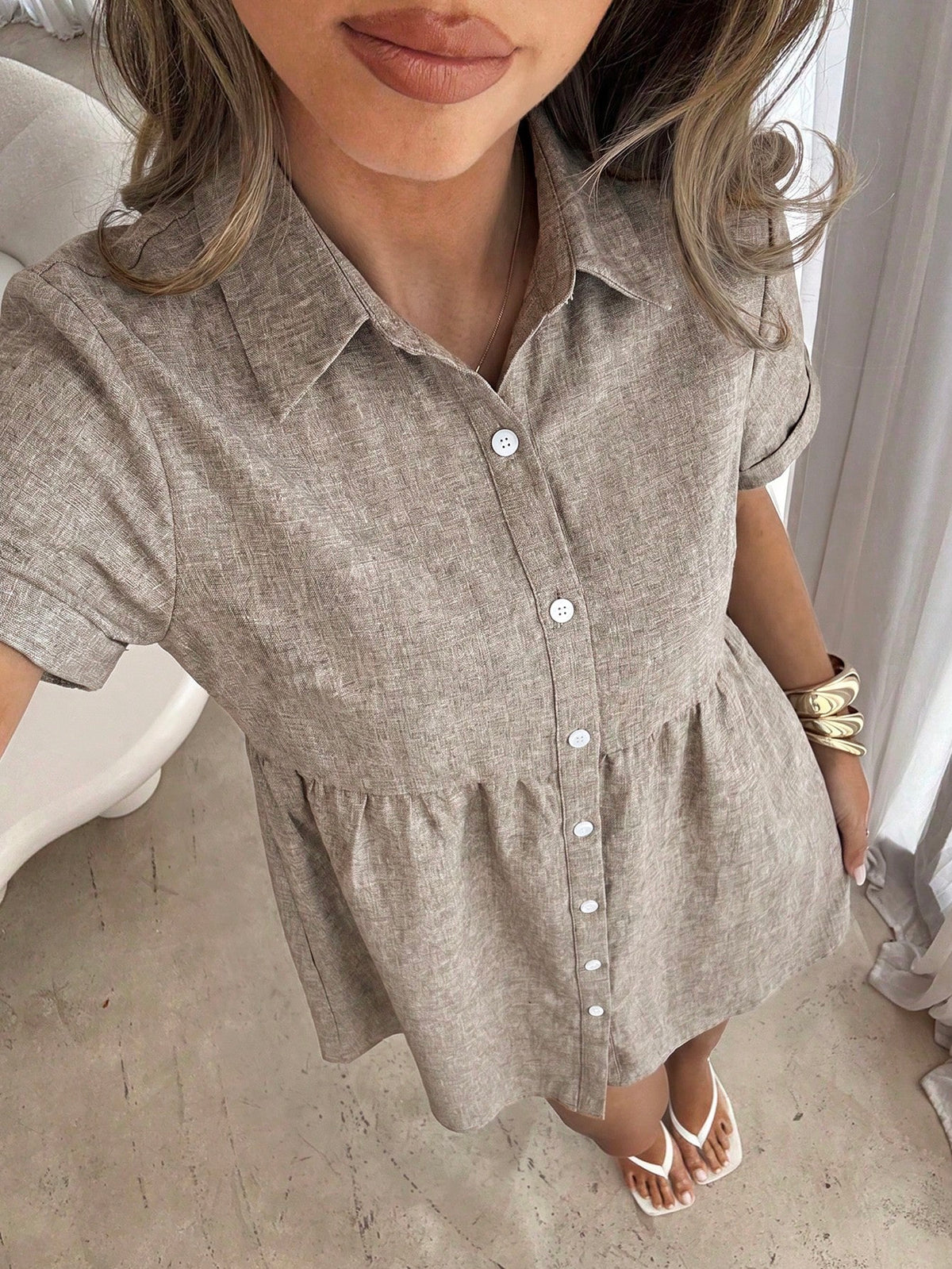 Siren Gaze Women's Casual Modest Linen Blend Short Sleeve Shirt Dress, Elegant Cinched Waist Mini For Summer Vacation, Brunch Cafe, Mocha Brown Single-Breasted