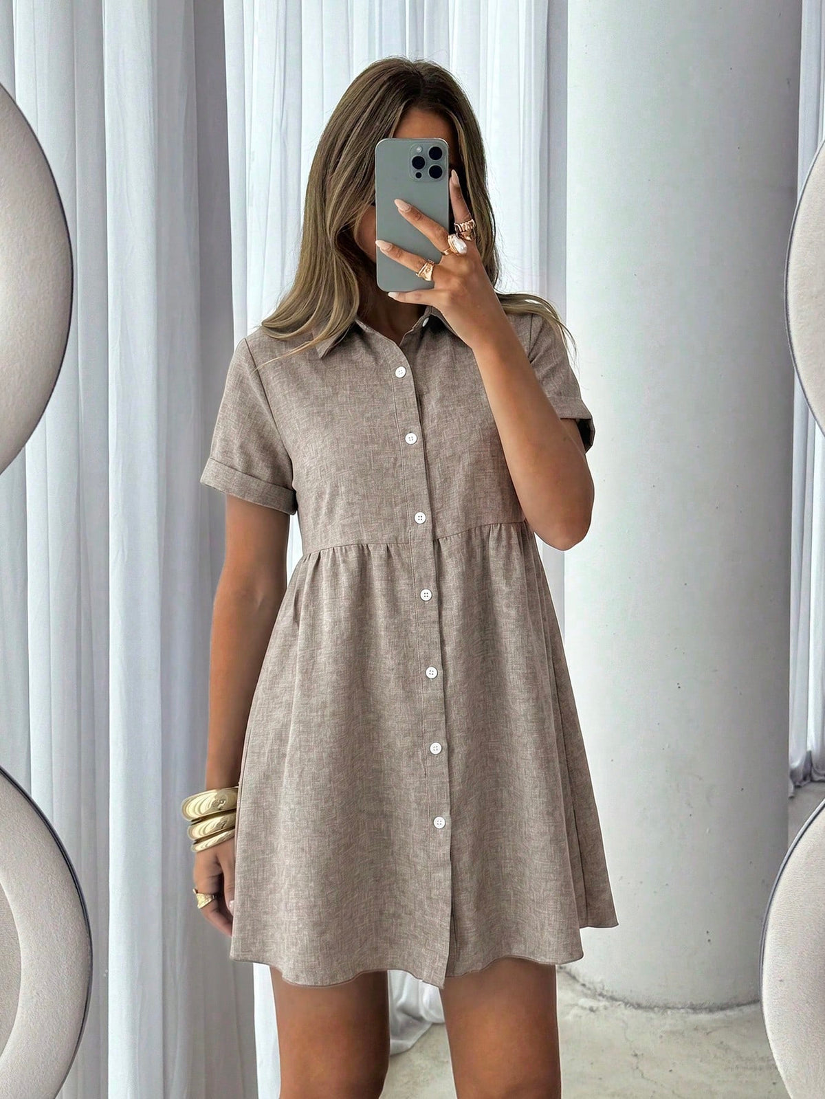 Siren Gaze Women's Casual Modest Linen Blend Short Sleeve Shirt Dress, Elegant Cinched Waist Mini For Summer Vacation, Brunch Cafe, Mocha Brown Single-Breasted