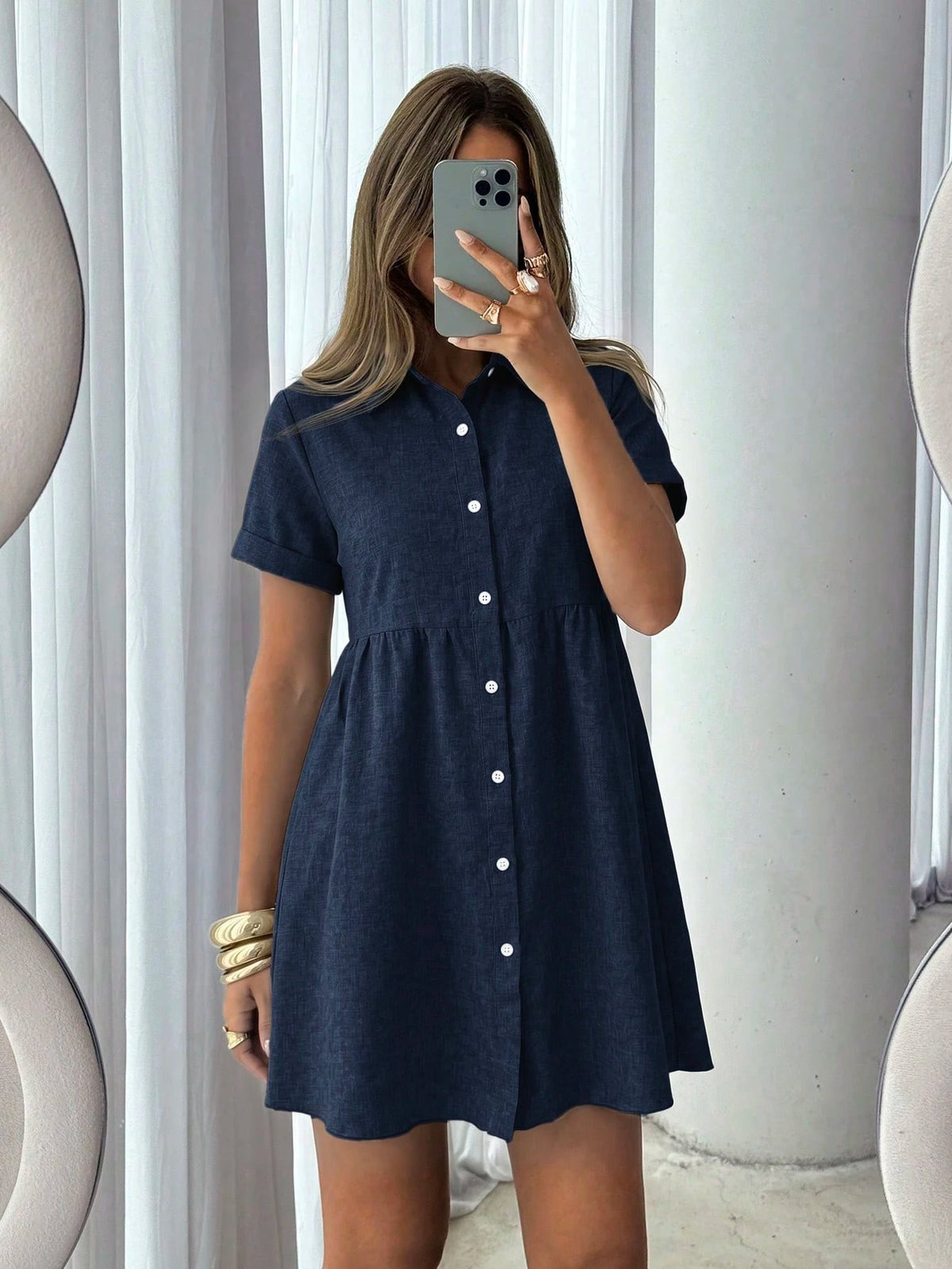 Siren Gaze Women's Casual Modest Linen Blend Short Sleeve Shirt Dress, Elegant Cinched Waist Mini For Summer Vacation, Brunch Cafe, Mocha Brown Single-Breasted