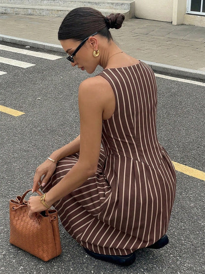 Siren Gaze Women's Casual Striped Midi Dress, Women's Striped Dress, Elegant, Women's Summer Clothing, Street Style, Suitable For Daily Commute, Date, Party, Autumn/Winter/Spring/Summer, Christmas, Ne