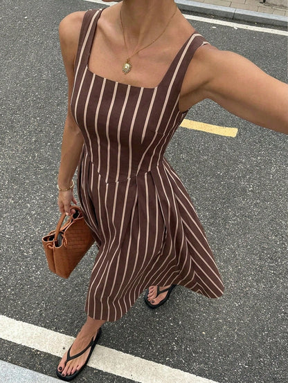 Siren Gaze Women's Casual Striped Midi Dress, Women's Striped Dress, Elegant, Women's Summer Clothing, Street Style, Suitable For Daily Commute, Date, Party, Autumn/Winter/Spring/Summer, Christmas, Ne