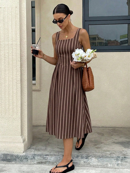 Siren Gaze Women's Casual Striped Midi Dress, Women's Striped Dress, Elegant, Women's Summer Clothing, Street Style, Suitable For Daily Commute, Date, Party, Autumn/Winter/Spring/Summer, Christmas, Ne