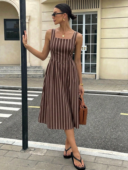 Siren Gaze Women's Casual Striped Midi Dress, Women's Striped Dress, Elegant, Women's Summer Clothing, Street Style, Suitable For Daily Commute, Date, Party, Autumn/Winter/Spring/Summer, Christmas, Ne