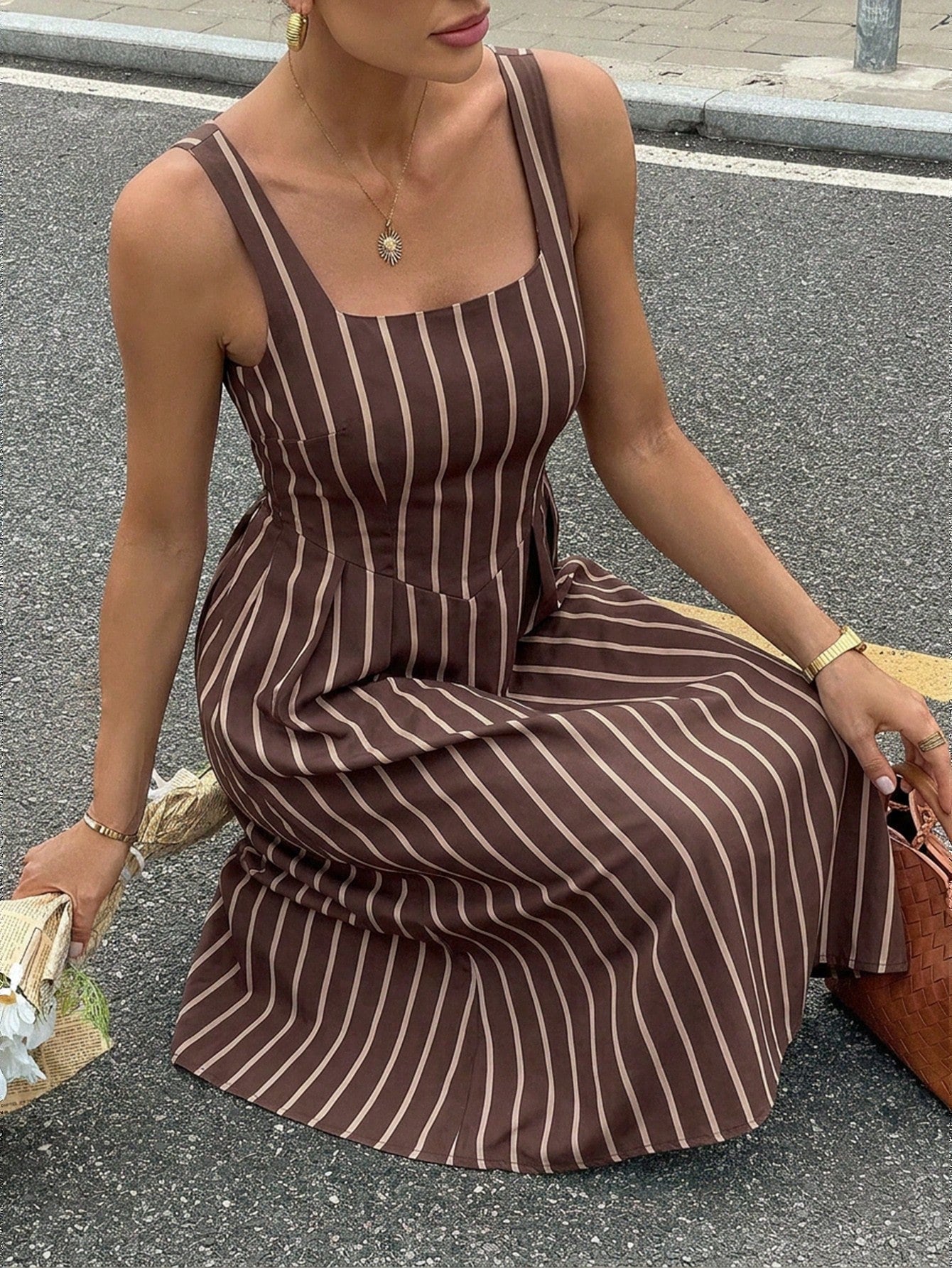 Siren Gaze Women's Casual Striped Midi Dress, Women's Striped Dress, Elegant, Women's Summer Clothing, Street Style, Suitable For Daily Commute, Date, Party, Autumn/Winter/Spring/Summer, Christmas, Ne