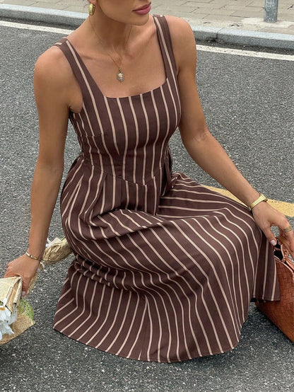 Siren Gaze Women's Casual Striped Midi Dress, Women's Striped Dress, Elegant, Women's Summer Clothing, Street Style, Suitable For Daily Commute, Date, Party, Autumn/Winter/Spring/Summer, Christmas, Ne