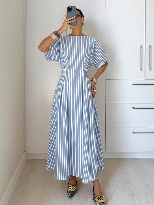 Siren Gaze Women Summer Commuter Blue And White Stripe Fitted Waist Cinched Long Dress Y2k Coastal Tropical Holiday Festival Vacation Boho Going Out