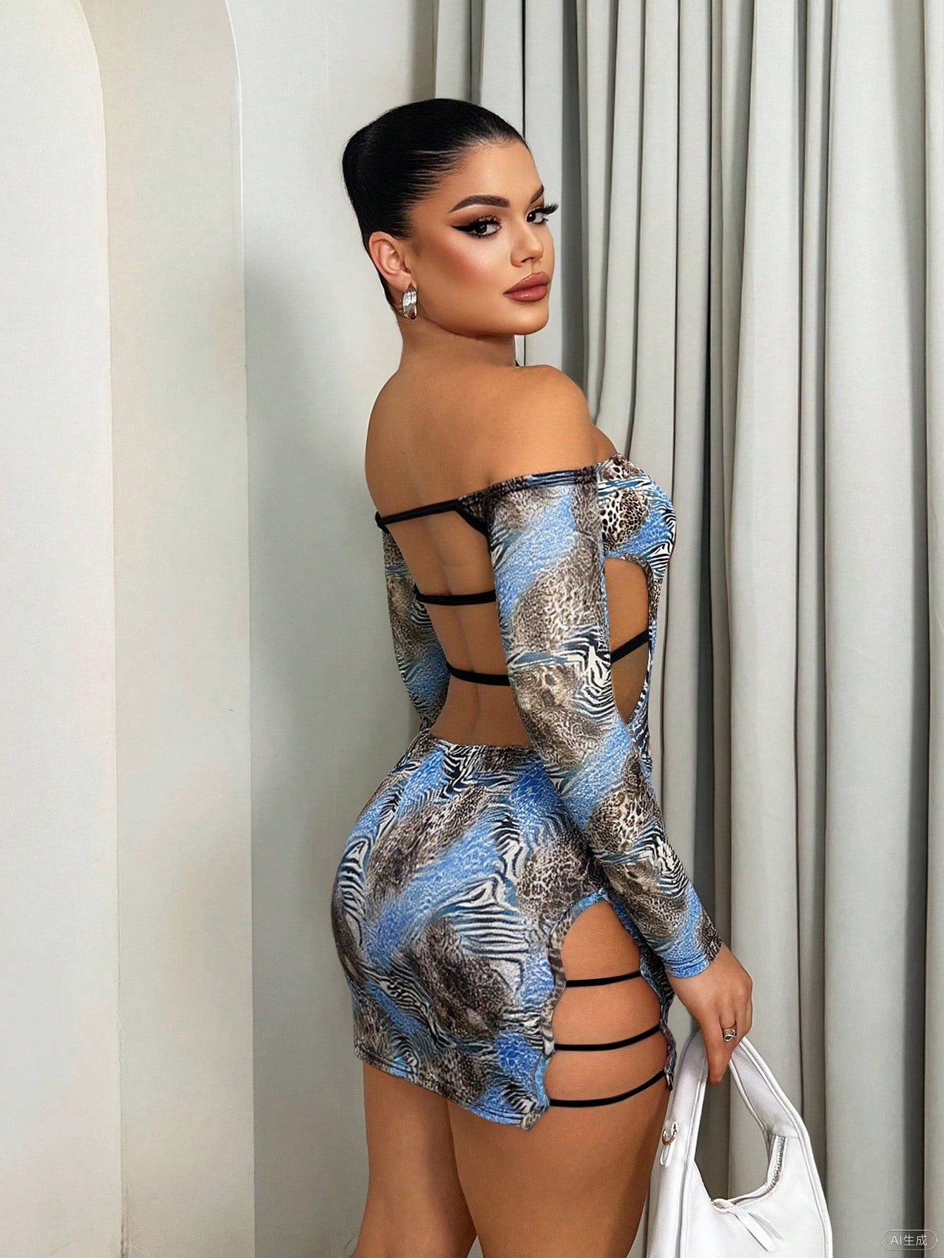 Sirith Women's Backless Leopard Animal Print Halter Dress,Blue And Brown Polka Dot,Summer,Techno,Club Night,Rave,Western Open Back Date Night Outfits