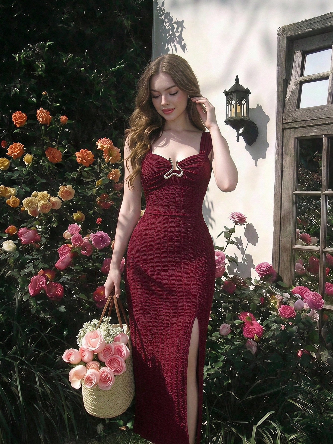 Skyraze Metal Buckle Textured Burgundy Split Hem Vacation Dress