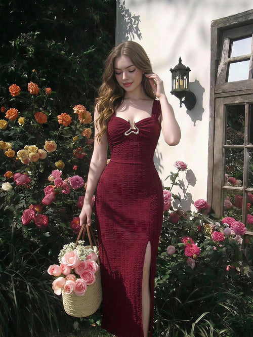 Skyraze Metal Buckle Textured Burgundy Split Hem Vacation Dress