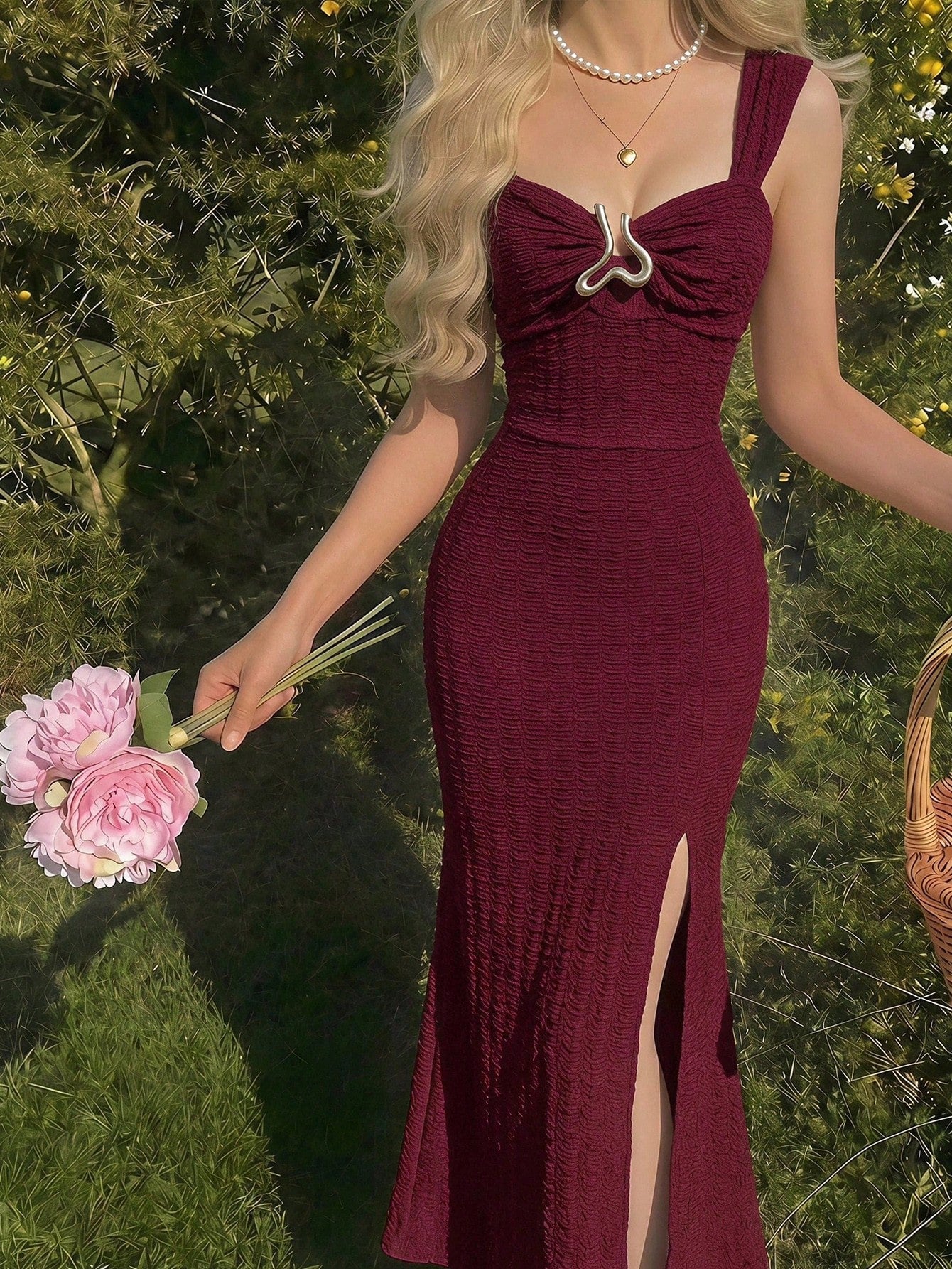 Skyraze Metal Buckle Textured Burgundy Split Hem Vacation Dress