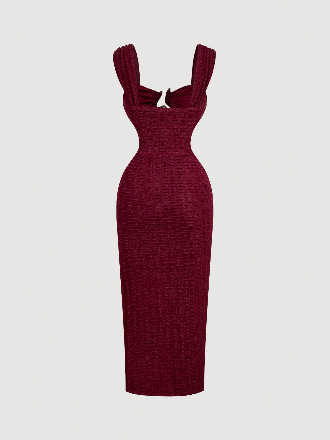 Skyraze Metal Buckle Textured Burgundy Split Hem Vacation Dress
