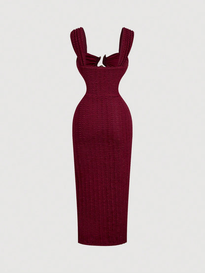 Skyraze Metal Buckle Textured Burgundy Split Hem Vacation Dress