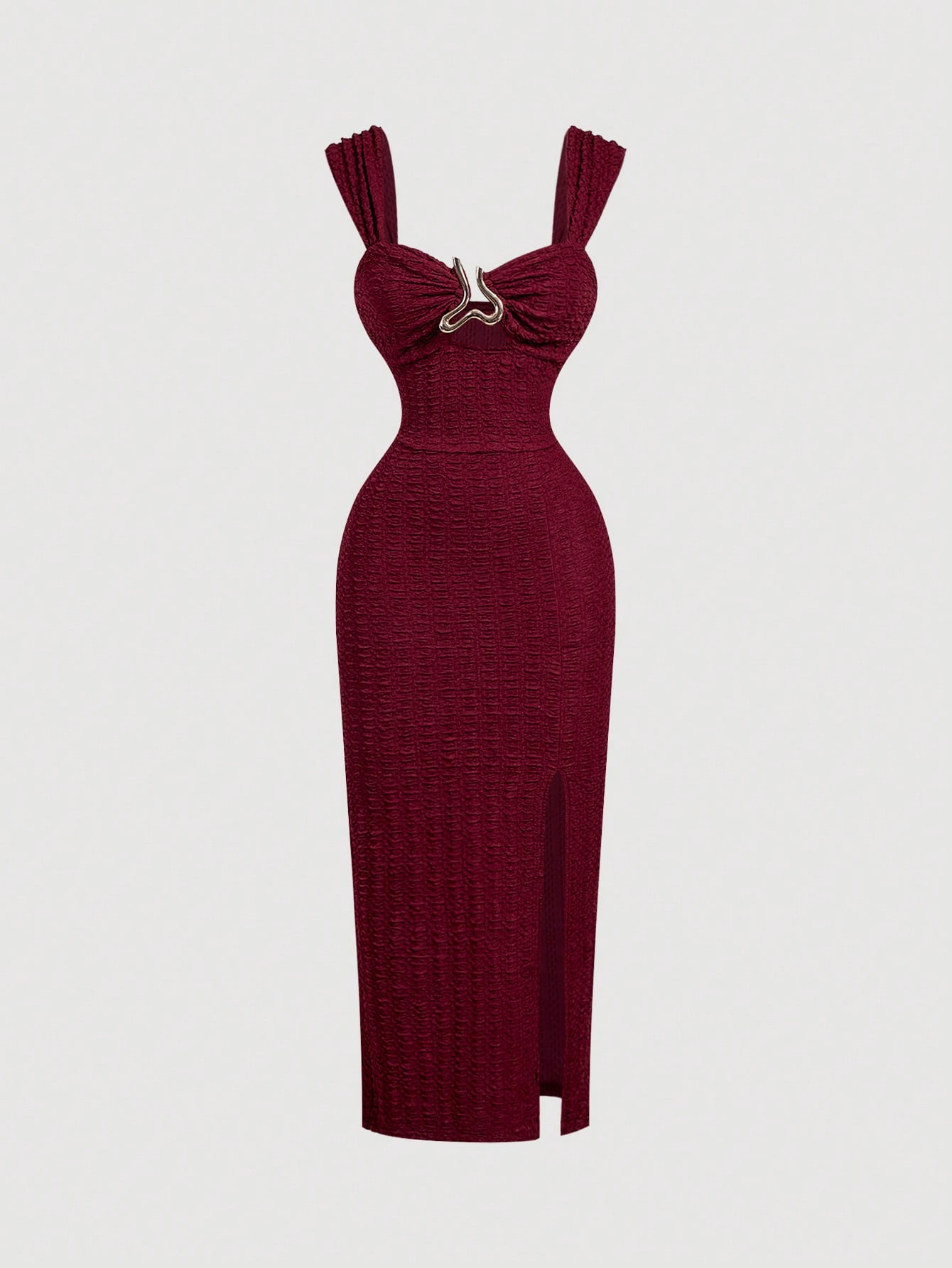 Skyraze Metal Buckle Textured Burgundy Split Hem Vacation Dress