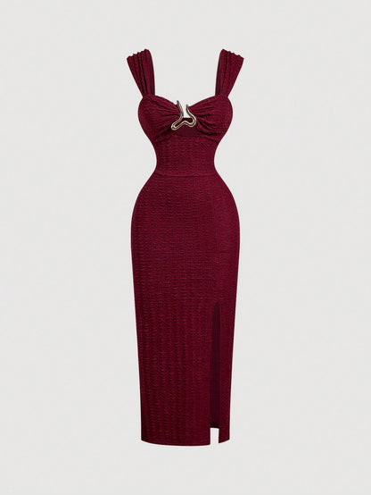Skyraze Metal Buckle Textured Burgundy Split Hem Vacation Dress