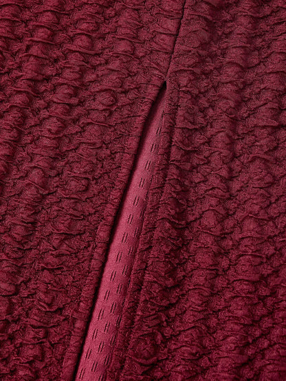 Skyraze Metal Buckle Textured Burgundy Split Hem Vacation Dress